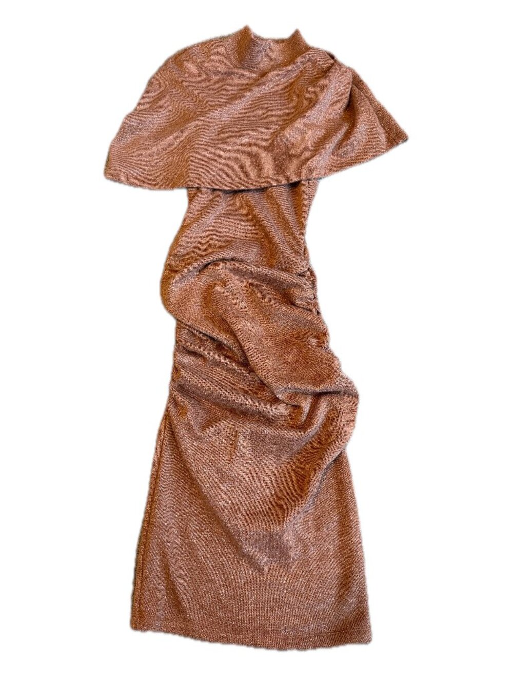 Black Halo Metallic Copper Ruched Midi Dress Cape Sleeve Mock Medium Women's